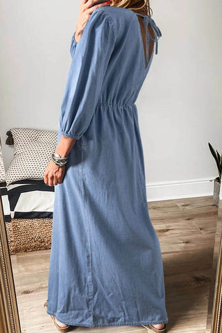 Tied Plunge Three-Quarter Sleeve Denim Dress - Just Believe Boutique