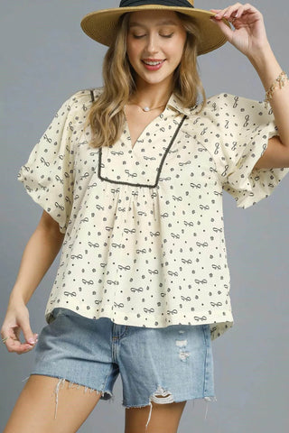 Umgee Bow Print Puff Sleeve Blouse - Just Believe Boutique