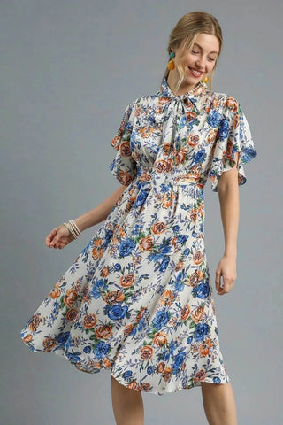 Umgee Floral Print Flutter Sleeve Dress - Just Believe Boutique
