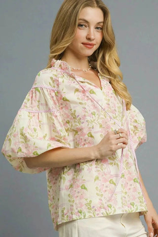 Umgee Floral Print Puff Sleeve Tie Neck Blouse - Just Believe Boutique