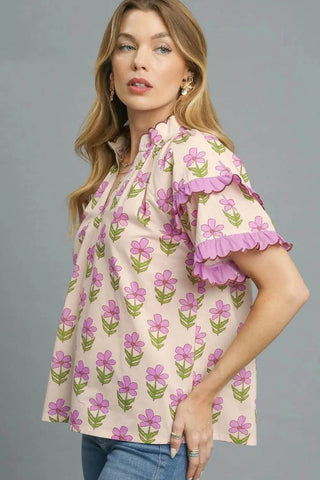 Umgee Floral Print Ruffle Short Sleeve Blouse - Just Believe Boutique