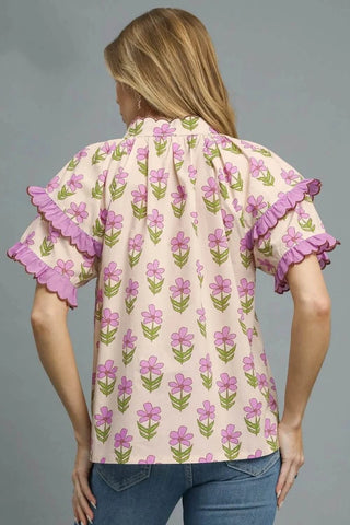 Umgee Floral Print Ruffle Short Sleeve Blouse - Just Believe Boutique