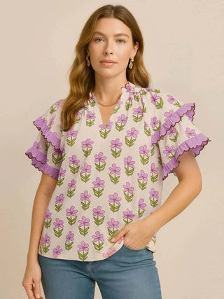 Umgee Floral Print Ruffle Short Sleeve Blouse - Just Believe Boutique