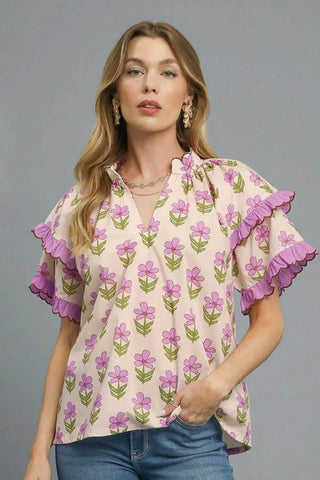 Umgee Floral Print Ruffle Short Sleeve Blouse - Just Believe Boutique