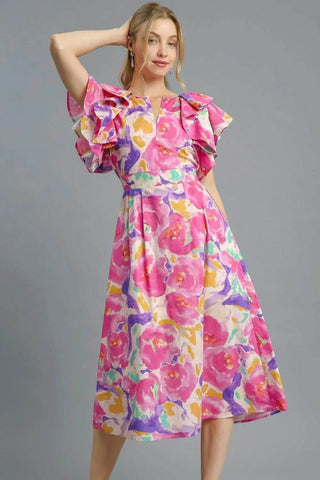 Umgee Floral Ruffled Cap Sleeve Midi Dress - Just Believe Boutique