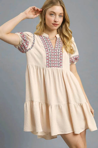 Umgee Floral Trim Puff Sleeve Mini Dress - Just Believe Boutique