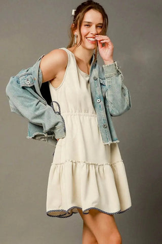 Umgee Frill Drawstring Waist Round Neck Mini Tank Dress - Just Believe Boutique