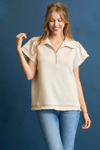 Umgee Frill Hem Half-Zip Collared Blouse - Just Believe Boutique