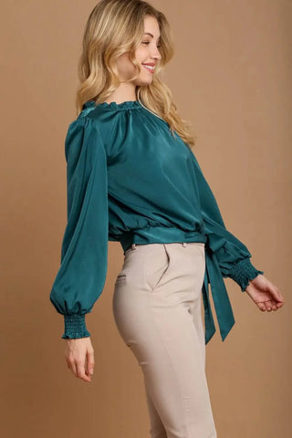Umgee Frill Tied Hem Long Sleeve Blouse - Just Believe Boutique