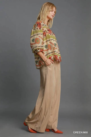 Umgee Full Size Border Print Notched 3/4 Puff Sleeve Blouse Plus Size - Just Believe Boutique