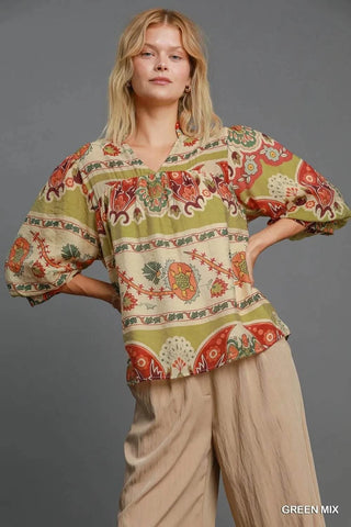 Umgee Full Size Border Print Notched 3/4 Puff Sleeve Blouse Plus Size - Just Believe Boutique