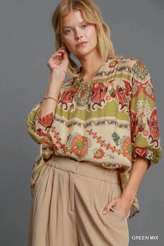 Umgee Full Size Border Print Notched 3/4 Puff Sleeve Blouse Plus Size - Just Believe Boutique