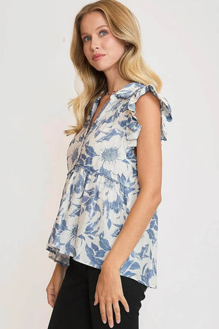 Umgee Full Size Botanical Print Babydoll Top Plus Size - Just Believe Boutique