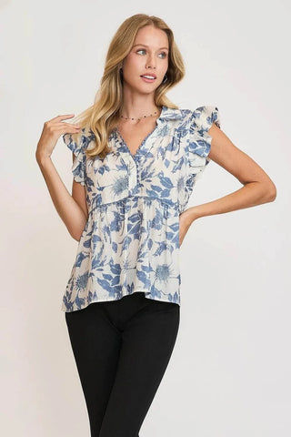 Umgee Full Size Botanical Print Babydoll Top Plus Size - Just Believe Boutique