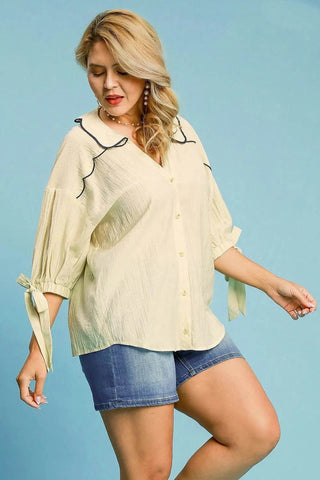 Umgee Full Size Embroidered Detail Button Down Shirt Plus Size - Just Believe Boutique