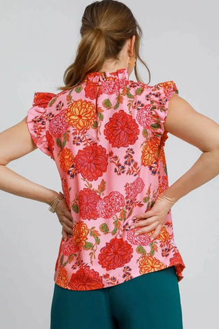 Umgee Full Size Floral Print Ruffled Cap Sleeve Blouse Plus Size - Just Believe Boutique