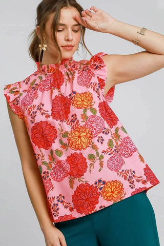 Umgee Full Size Floral Print Ruffled Cap Sleeve Blouse Plus Size - Just Believe Boutique
