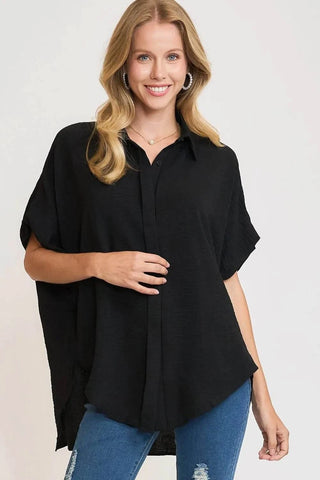 Umgee Full Size High-Low Button Up Short Sleeve Shirt - Just Believe Boutique