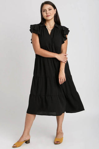 Umgee Full Size Johnny Collar Ruffle Cap Sleeve Tiered Dress Plus Size - Just Believe Boutique