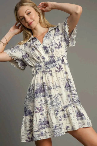 Umgee Full Size Landscape Print Collared Mini Dress Plus Size - Just Believe Boutique