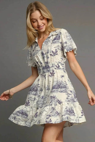 Umgee Full Size Landscape Print Collared Mini Dress Plus Size - Just Believe Boutique