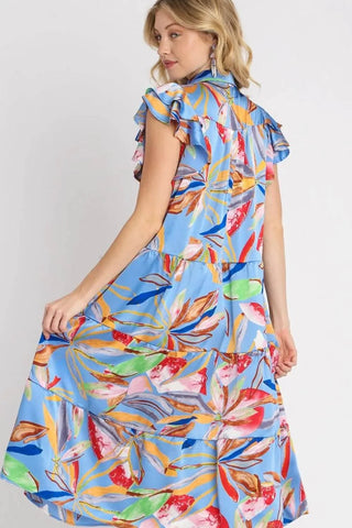 Umgee Full Size Leaf Print Double Layered Ruffle Sleeve Tiered Midi Dress Plus Size - Just Believe Boutique