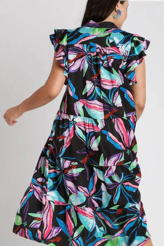 Umgee Full Size Leaf Print Double Layered Ruffle Sleeve Tiered Midi Dress Plus Size - Just Believe Boutique