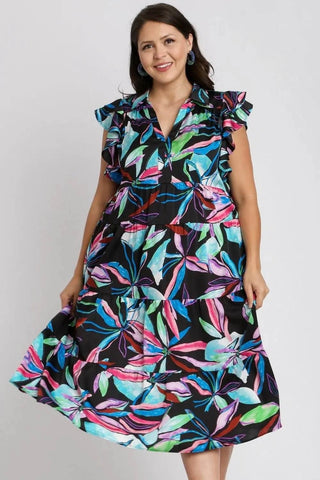 Umgee Full Size Leaf Print Double Layered Ruffle Sleeve Tiered Midi Dress Plus Size - Just Believe Boutique