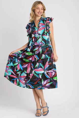 Umgee Full Size Leaf Print Double Layered Ruffle Sleeve Tiered Midi Dress Plus Size - Just Believe Boutique