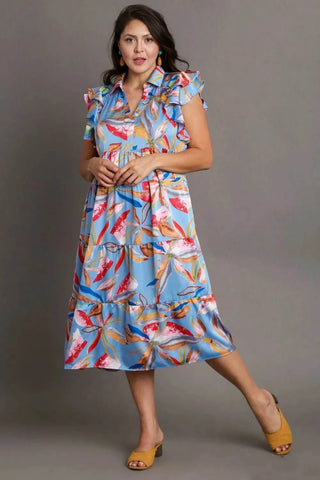 Umgee Full Size Leaf Print Double Layered Ruffle Sleeve Tiered Midi Dress Plus Size - Just Believe Boutique