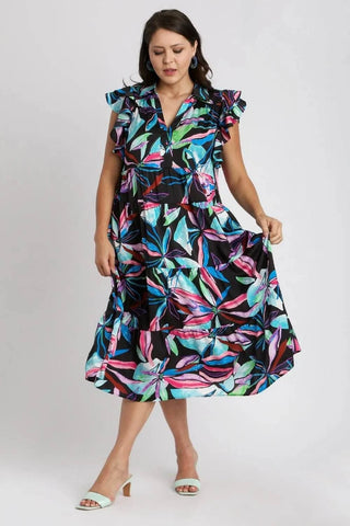 Umgee Full Size Leaf Print Double Layered Ruffle Sleeve Tiered Midi Dress Plus Size - Just Believe Boutique