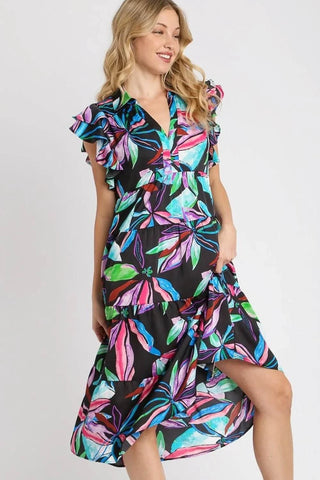 Umgee Full Size Leaf Print Double Layered Ruffle Sleeve Tiered Midi Dress Plus Size - Just Believe Boutique