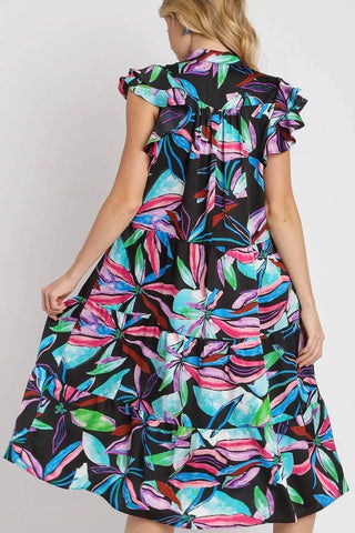 Umgee Full Size Leaf Print Double Layered Ruffle Sleeve Tiered Midi Dress Plus Size - Just Believe Boutique