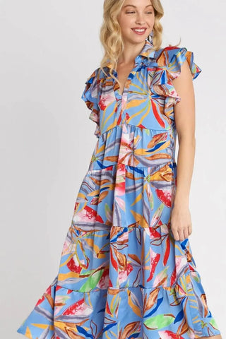 Umgee Full Size Leaf Print Double Layered Ruffle Sleeve Tiered Midi Dress Plus Size - Just Believe Boutique