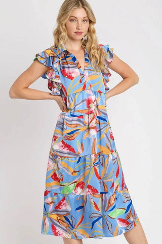 Umgee Full Size Leaf Print Double Layered Ruffle Sleeve Tiered Midi Dress Plus Size - Just Believe Boutique
