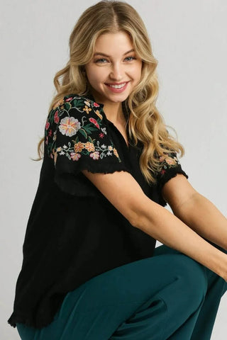 Umgee Full Size Linen Shirt with Embroidered Sleeves Plus Size - Just Believe Boutique