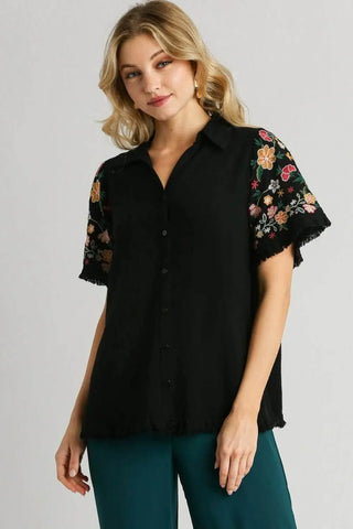 Umgee Full Size Linen Shirt with Embroidered Sleeves Plus Size - Just Believe Boutique