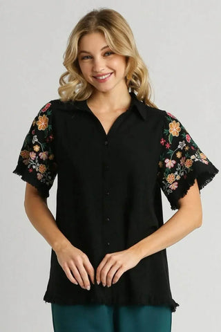 Umgee Full Size Linen Shirt with Embroidered Sleeves Plus Size - Just Believe Boutique