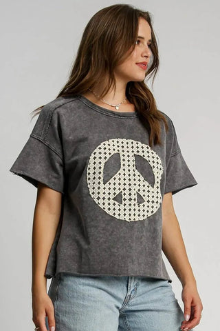 Umgee Full Size Mineral Wash T-Shirt with Lace Applique Plus Size - Just Believe Boutique