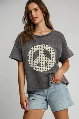 Umgee Full Size Mineral Wash T-Shirt with Lace Applique Plus Size - Just Believe Boutique