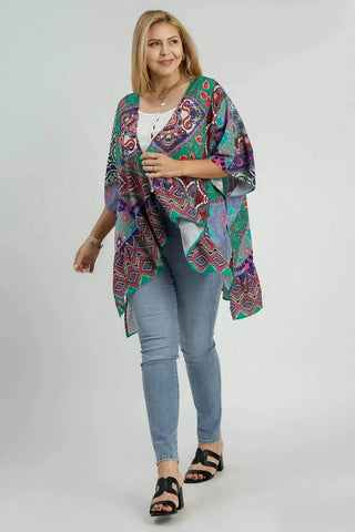 Umgee Full Size Mixed Print Ruffle Hem Open Front Cover Up Plus Size - Just Believe Boutique