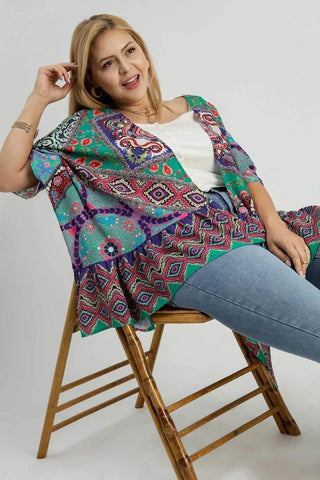 Umgee Full Size Mixed Print Ruffle Hem Open Front Cover Up Plus Size - Just Believe Boutique