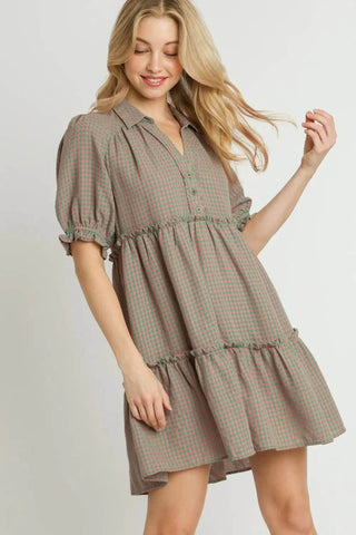 Umgee Full Size Plaid Frill Button Detail Ruffled Short Sleeve Dress Plus Size - Just Believe Boutique