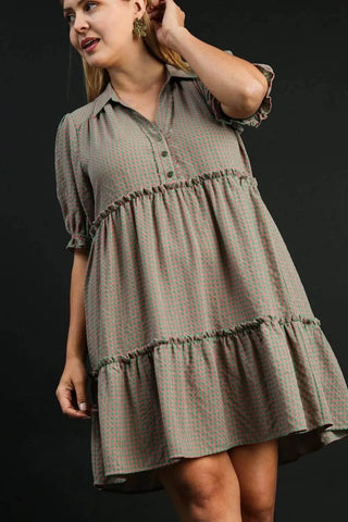 Umgee Full Size Plaid Frill Button Detail Ruffled Short Sleeve Dress Plus Size - Just Believe Boutique