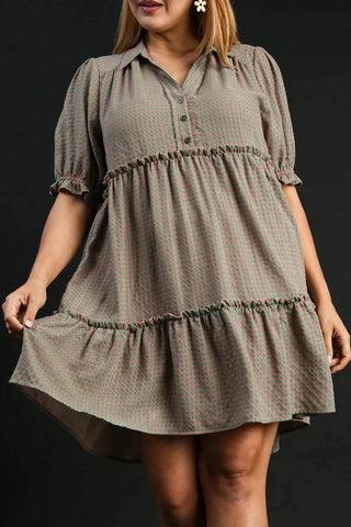 Umgee Full Size Plaid Frill Button Detail Ruffled Short Sleeve Dress Plus Size - Just Believe Boutique