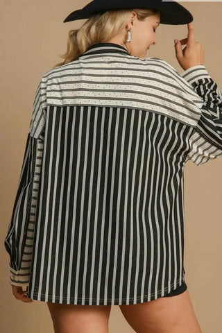 Umgee Full Size Pointelle Stripped Half Button Collared Neck Top Plus Size - Just Believe Boutique