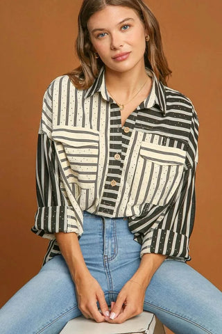 Umgee Full Size Pointelle Stripped Half Button Collared Neck Top Plus Size - Just Believe Boutique