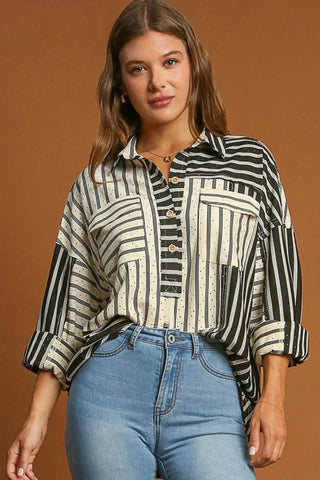 Umgee Full Size Pointelle Stripped Half Button Collared Neck Top Plus Size - Just Believe Boutique