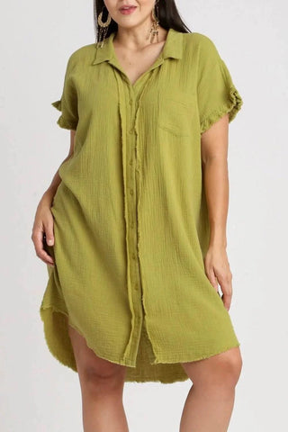 Umgee Full Size Raw Hem Button Down Short Sleeve Gauze Shirt Dress Plus Size - Just Believe Boutique