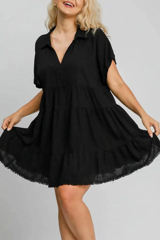 Umgee Full Size Raw Hem Folded Sleeve Tiered Dress Plus Size - Just Believe Boutique
